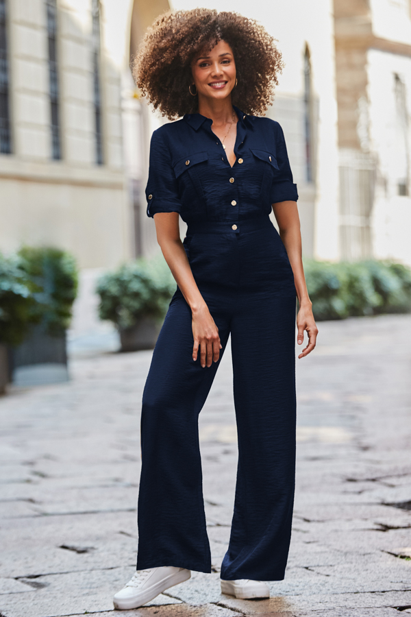 Navy Blue Button Front Wide Leg Jumpsuit