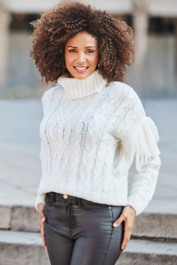 Cream Fringe Detail Roll Neck Cable Jumper