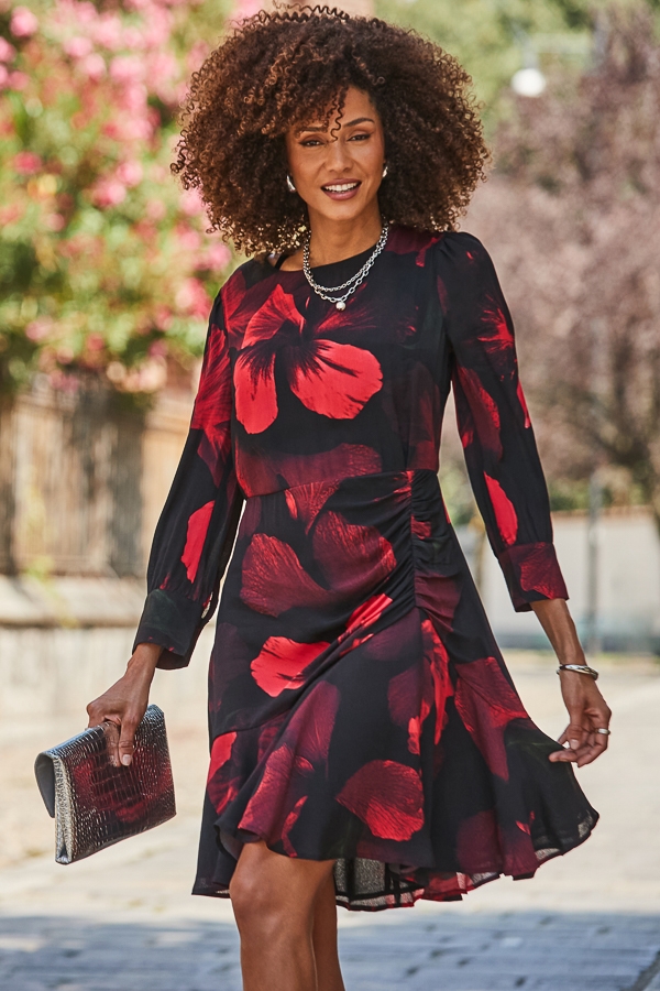 Black & Red Floral Print Fit & Flare Dress