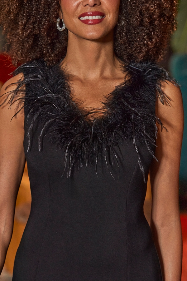 Black Feather Trim Body-Sculpting Dress