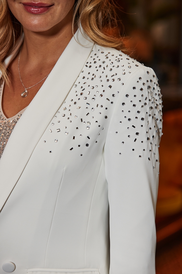 Petite Winter White Premium Glittering Jewel Embellished Blazer