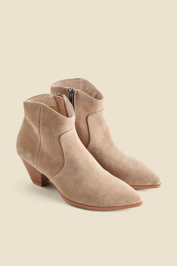Taupe Suede Western Stack Heel Ankle Boots