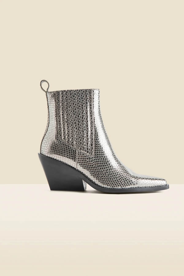 Silver Leather Western Stack Heel Boots
