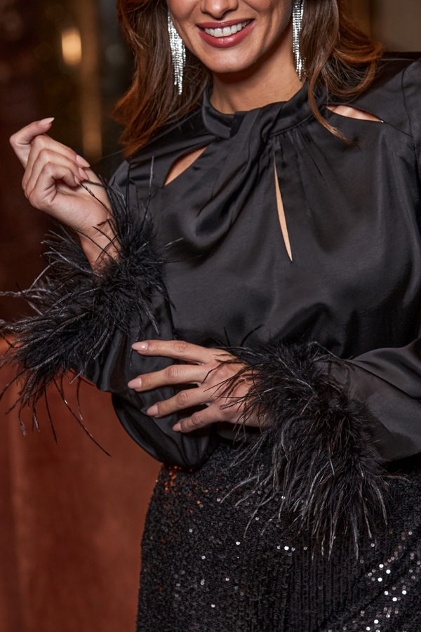 Black Satin Luxe Feather Cuff Top
