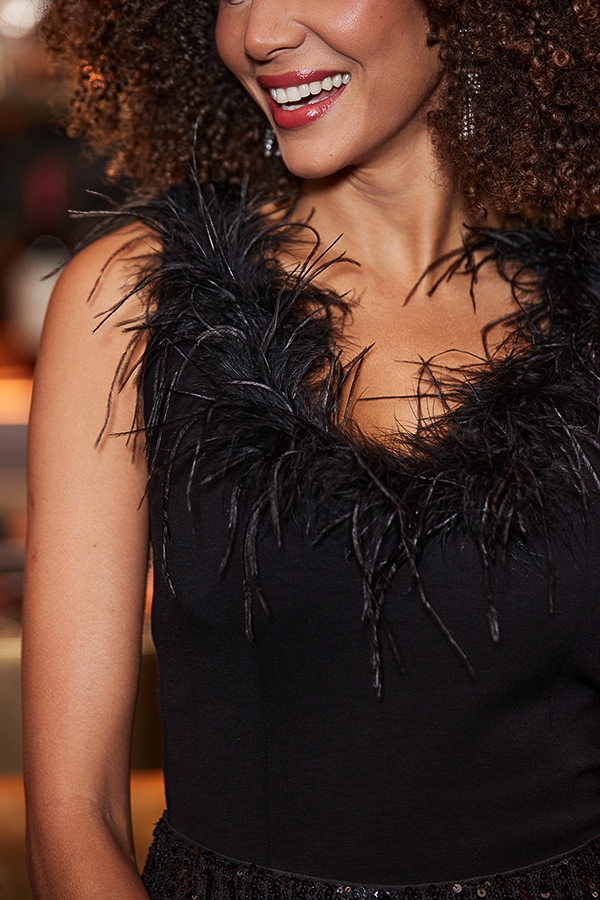 Black Luxe Feather Trim Top