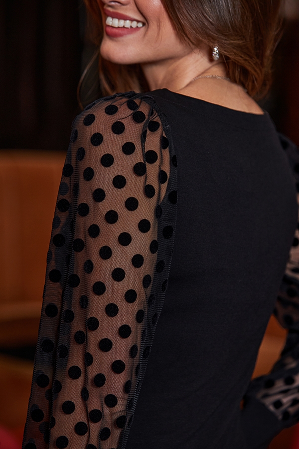 Black Polka Dot Mesh Sleeve Detail Jersey Top