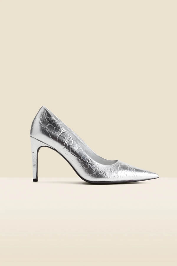 Silver Leather Curved Heel Court Shoes
