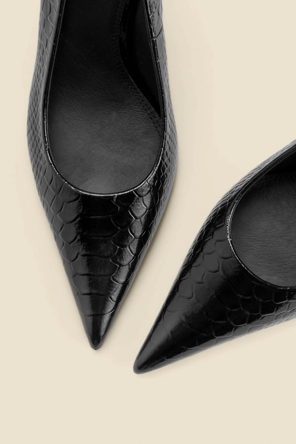 Black Croc Leather Curved Heel Court Shoes