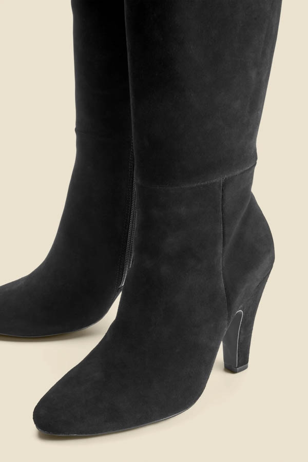 Black Suede Knee High Heeled Boots