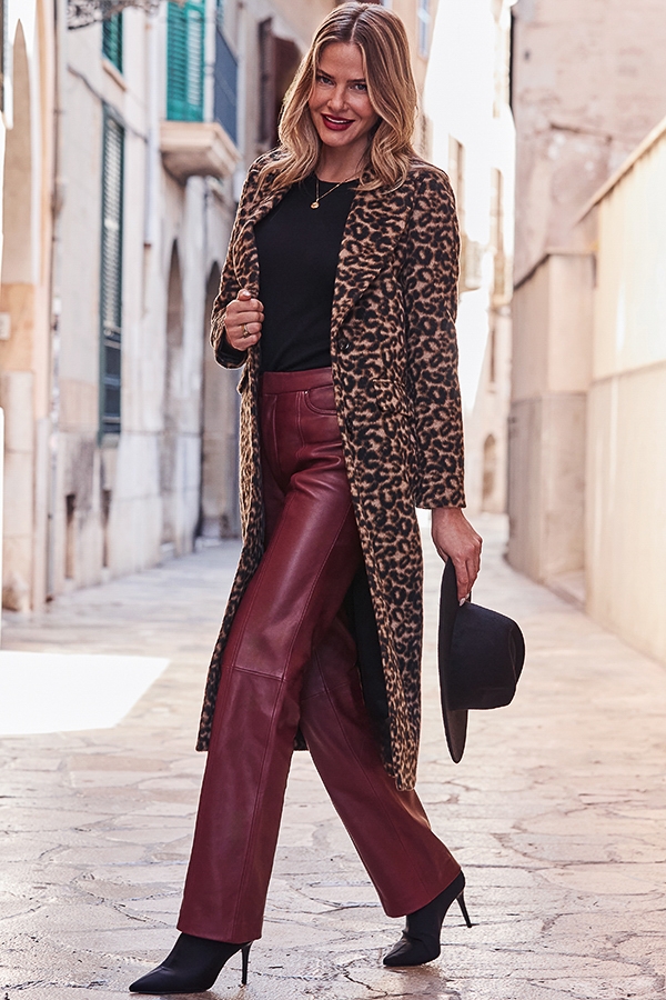Burgundy Super Soft Leather Seam Detail Wide Leg Trousers