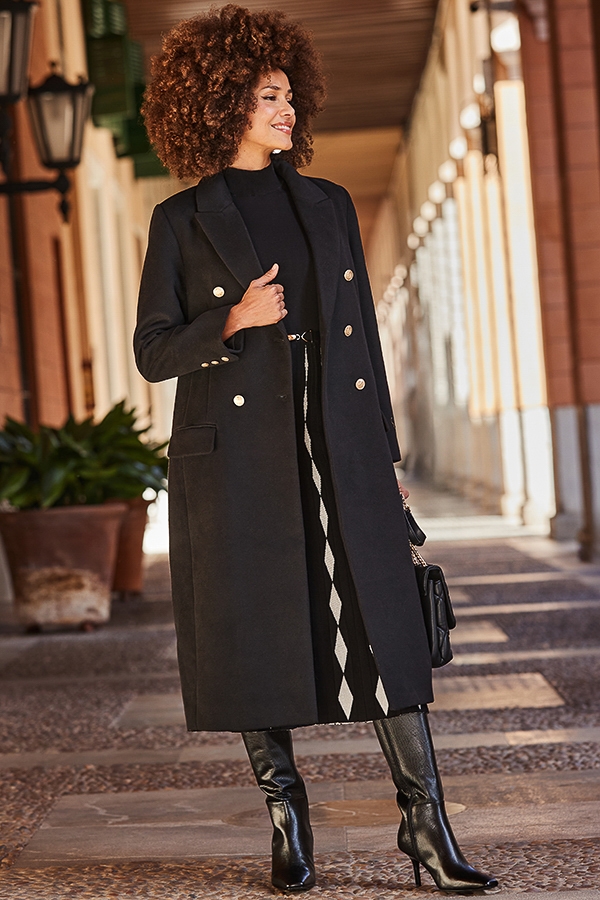 Black Double Breasted Longline Coat