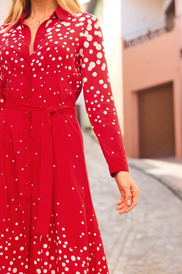 Red & White Geometric Print Shirt Dress