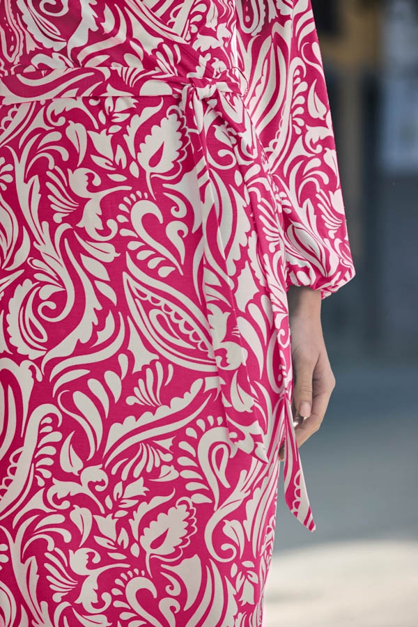 Pink Paisley Print Faux Wrap Dress