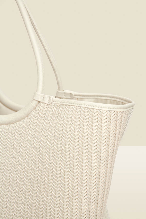 Ivory Faux Leather Woven Oversized Tote Bag