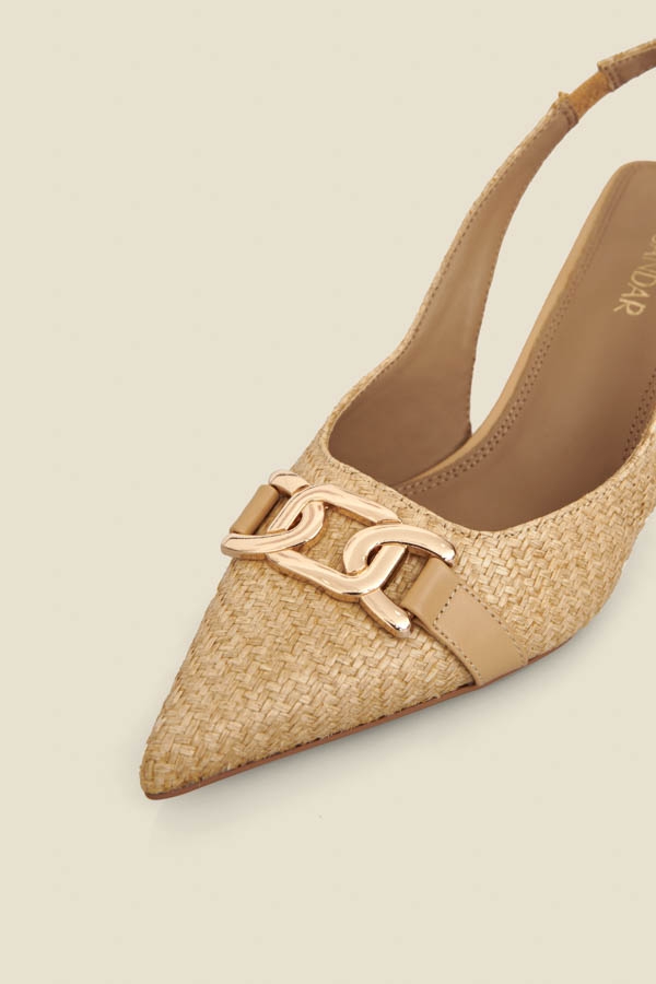 Raffia Slingback Court Shoe With Gold Detail
