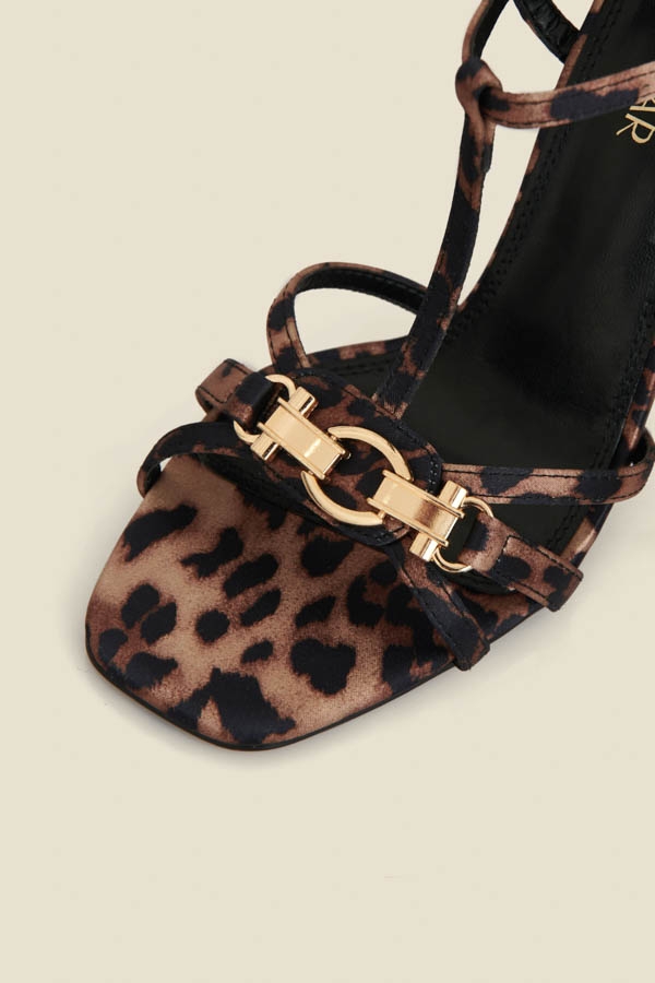 Leopard Print Strappy Sandal With Gold Buckle Trim