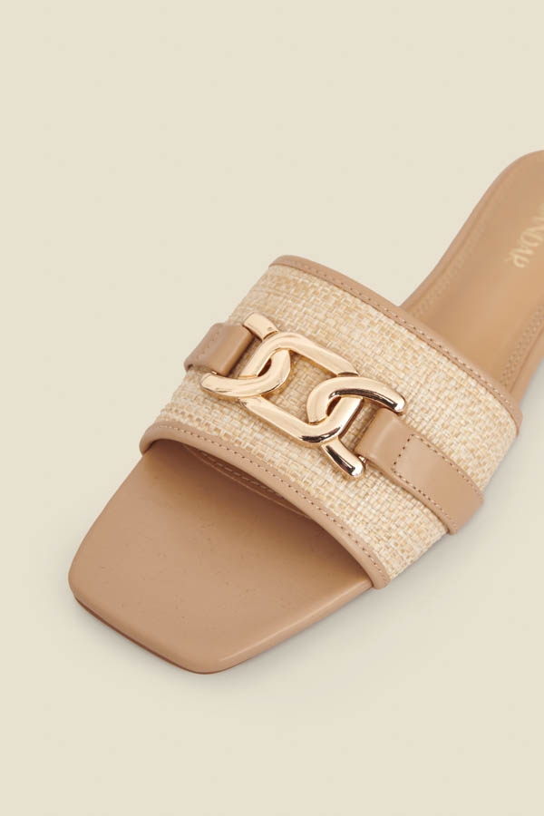 Natural Raffia Flat Mule Sandals With Gold Trim