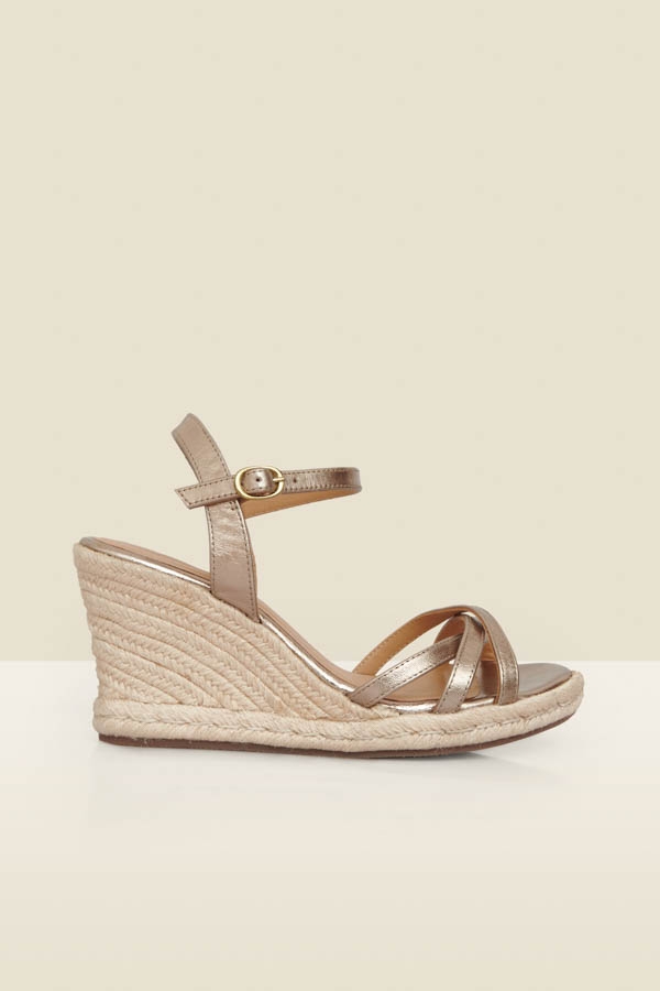 Alesia Champagne Gold Strappy Leather Wedge Espadrille