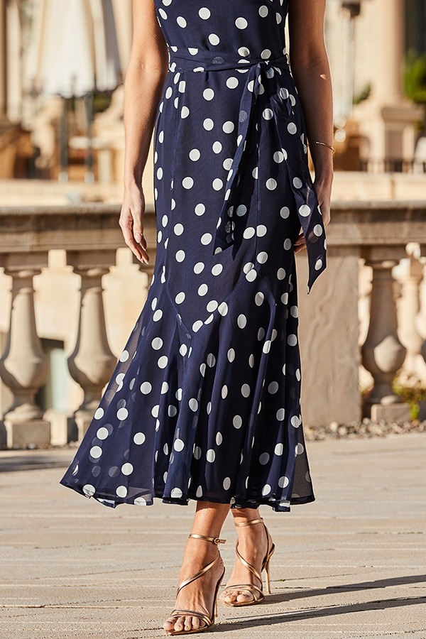 Navy Blue Spot Print Frill Hem Maxi Dress