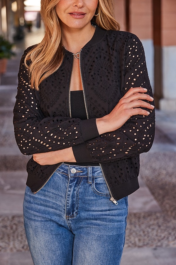 Black Broderie Detail Bomber Jacket