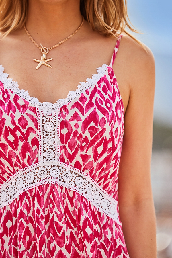 Pink Aztec Print Lace Trim Dress
