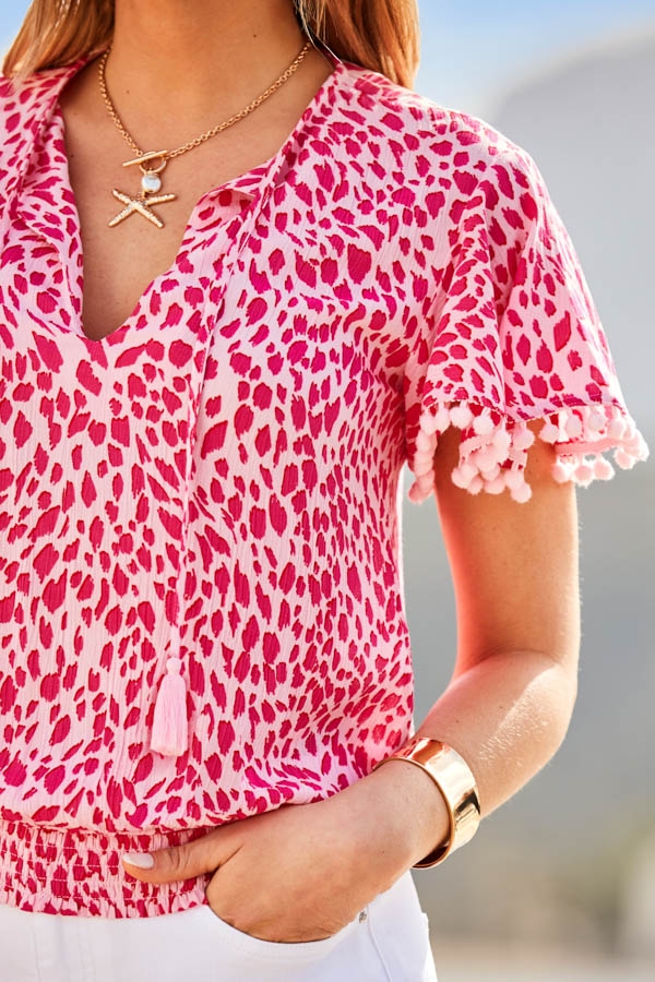 Pink & White Animal Print Pom Pom Top