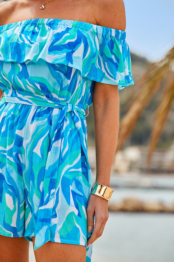 Aqua Blue Watercolour Print Bardot Playsuit