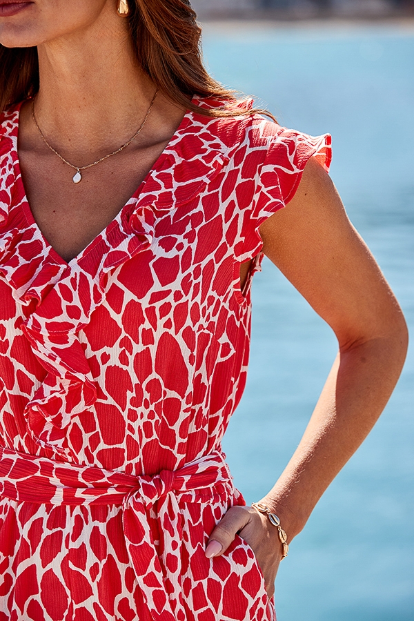 Coral Morocco Print Ruffle Detail Playsuit