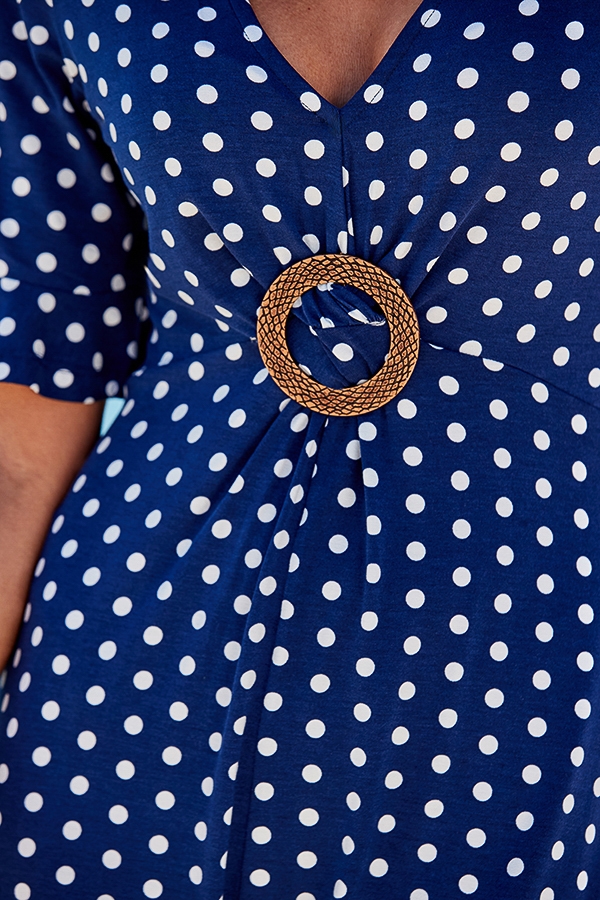 Navy Blue & White Spot Print Hoop Detail Dress