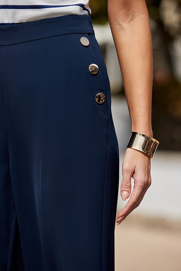 Navy Blue Gold Button Detail Wide Leg Trousers