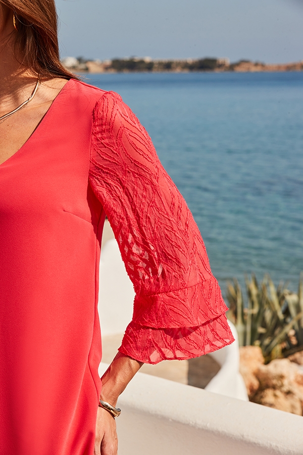 Coral Sheer Sleeve Shift Dress