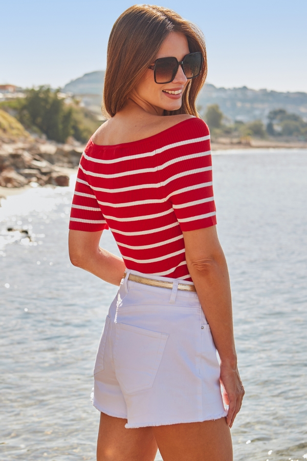Red & White Striped Boat Neck Top
