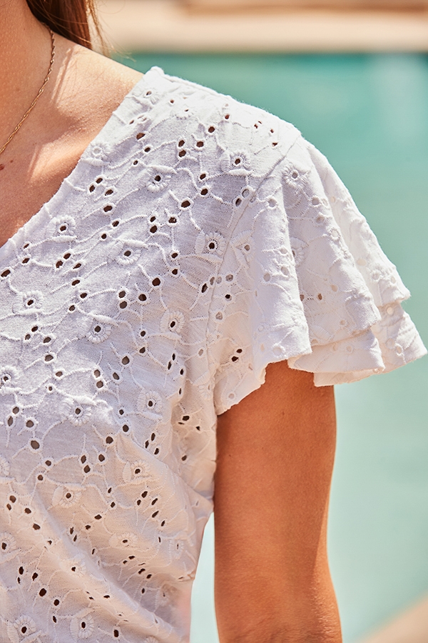 Ivory Broderie Anglaise Ruffle Sleeve Top