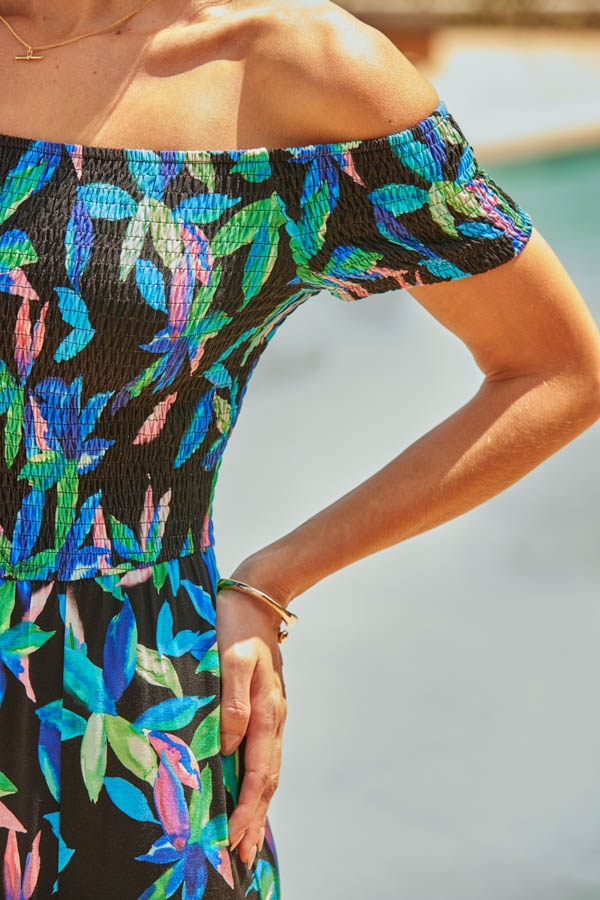 Black Tropical Print Bardot Midi Dress