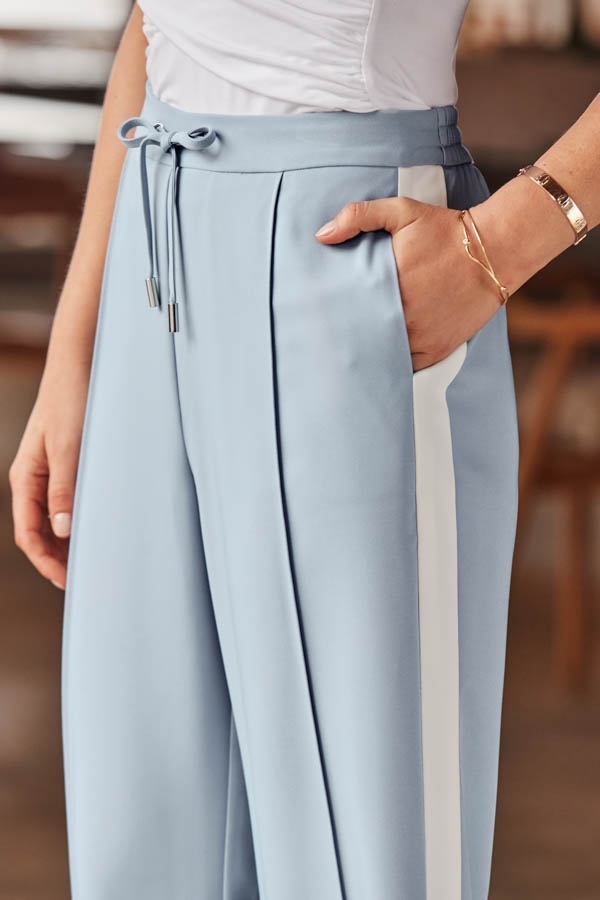 Pale Blue Side Stripe Wide Leg Trousers