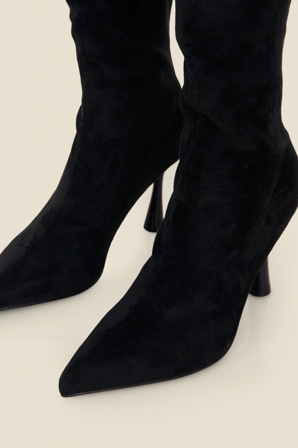 Black Faux Suede Knee High Flared Heel Boots