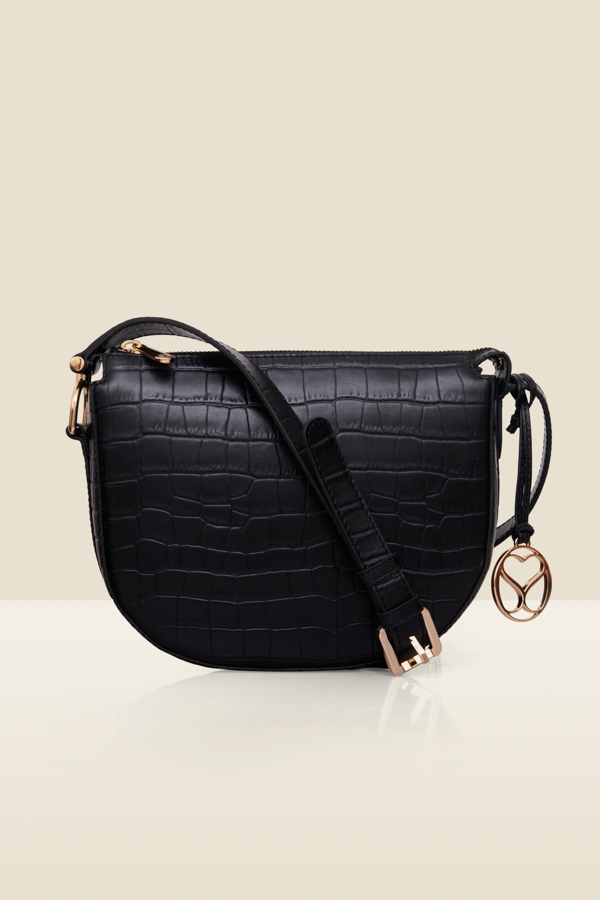 Black Leather Croc Saddle Bag