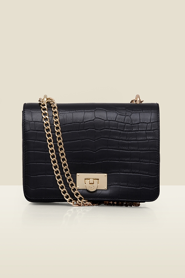 Black Leather Croc Shoulder Bag