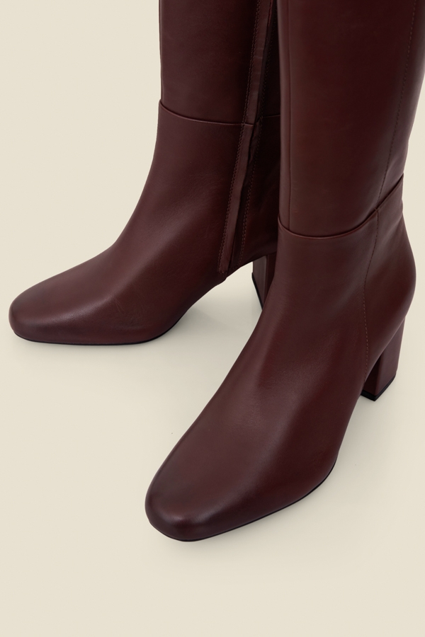 Burgundy Leather Mid Heel Knee High Boots
