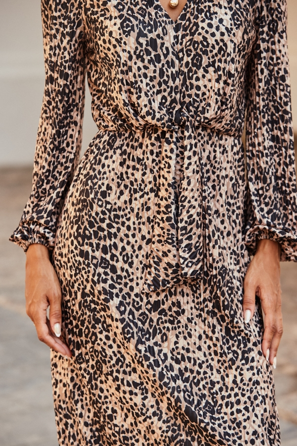Animal Print Knot Front Plisse Midi Dress