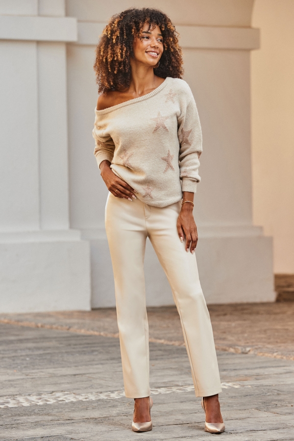 Ecru Faux Leather Straight Leg Trousers