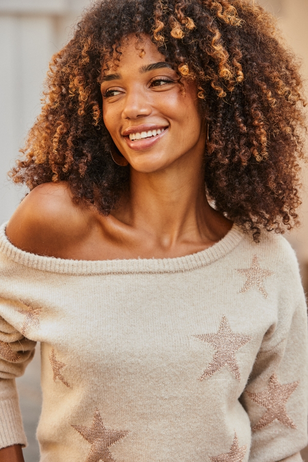 Taupe Metallic Star Off The Shoulder Jumper