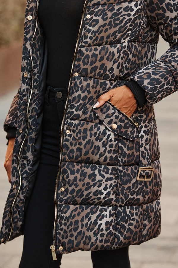 Leopard Print Faux Fur Trim Padded Coat
