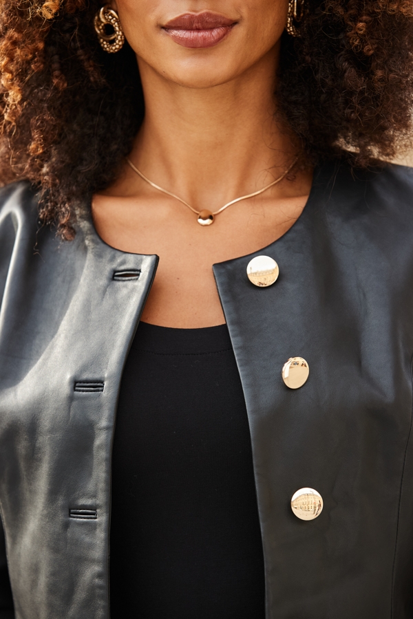 Black Collarless Leather Jacket With Gold Buttons