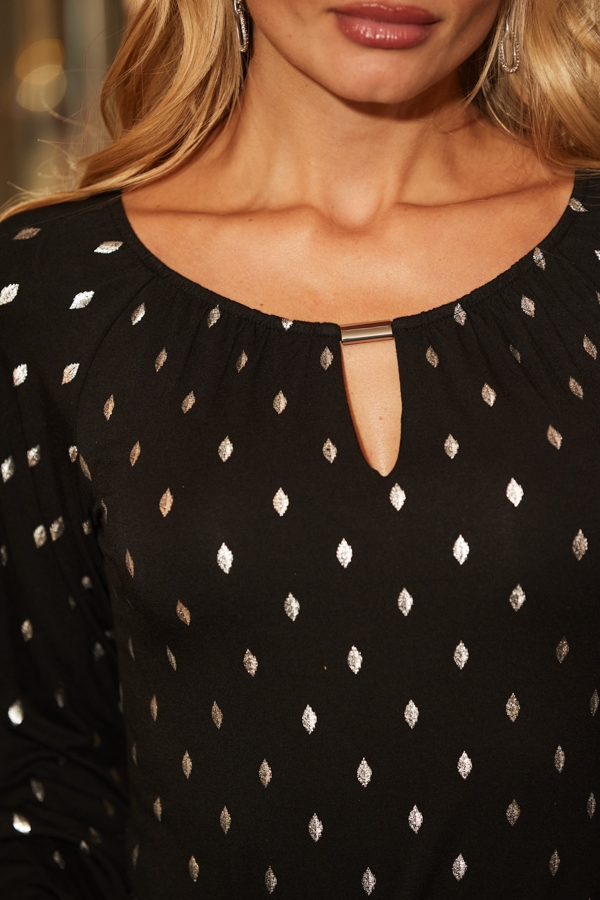 Black & Silver Spot Print Keyhole Detail Blouse