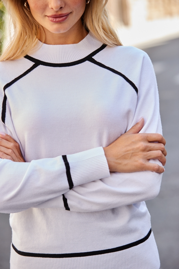 White & Black Contrast Trim Roll Neck Jumper