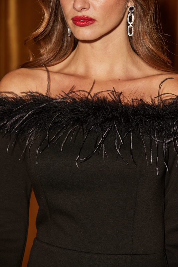 Black Feather Trim Bardot Dress