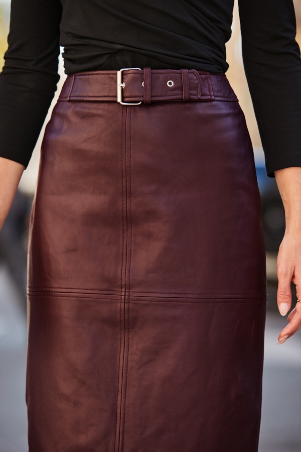 Burgundy Leather Buckle Detail Pencil Skirt