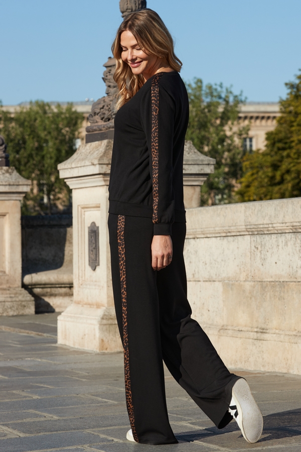 Black Leopard Print Side Stripe Casual Trousers
