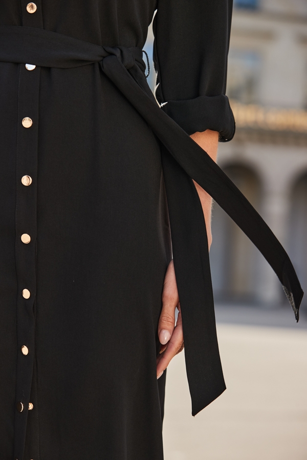 Black Belted Midi Shirt Dress